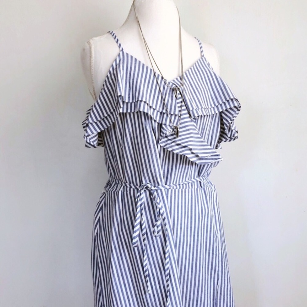A New Day Seersucker Blue Midi Faux Wrap Dress S